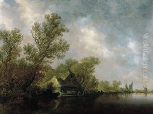 River Landscape with Ferry and cottages by Jan van Goyen