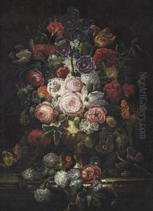 Roses, Chrysanthemums, Convolvulus And Other Flowers In An Urn On A Ledge