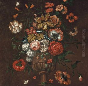 Tulips, Poppies, Carnations, A Rose, Morning-glories, Hydrangeas, And Other Flowers In A Sculpted Vase