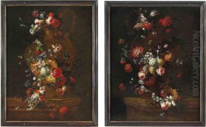 Carnations, Peonies, Morning Glory, Roses, Tulips And Other Flowers Decorating An Urn On A Stone Ledge; And Tulips, Roses, Peonies, Narcissi And Other Flowers Decorating An Urn On A Stone Ledge by Pieter Casteels