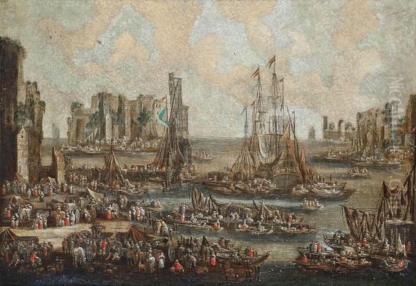 A Mediterranean Harbour Scene With Ships Unloading Their Cargo - view 1