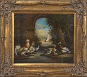 "a Rooster,hen And Ducks In A Classical Landscape" by Pieter Casteels