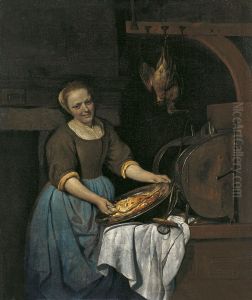 Kitchen maid preparing fish by Gabriel Metsu
