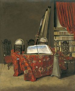 Interieur van een studeerkamer met een openliggende atlas en twee globes by Jan Van Der Heyden