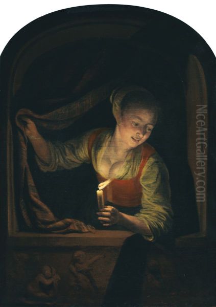 Young Woman with a lighted Candle at a Window - view 1
