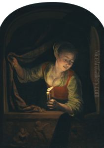 Jonge vrouw met kaars in een venster by Gerrit Dou