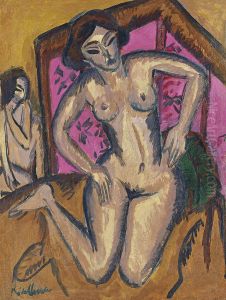 Kneeling Nude in front of Red Screen (verso: Seated Nude with Bent Leg) by Ernst Ludwig Kirchner