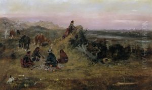 Los "piegan" preparandose para robar caballos a los "crow" by Charles Marion Russell