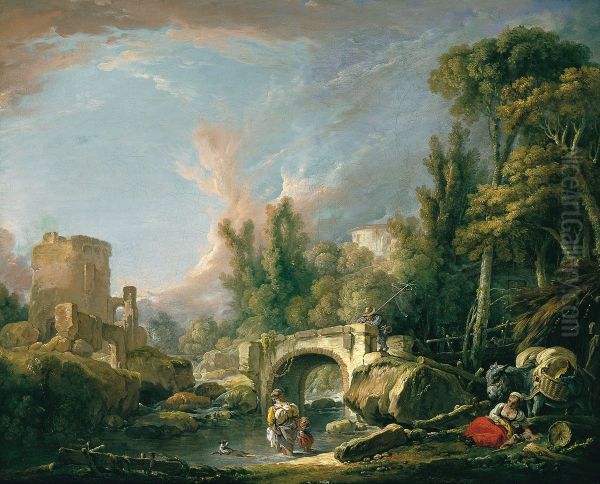 Paysage fluvial avec ruine et pont - view 1