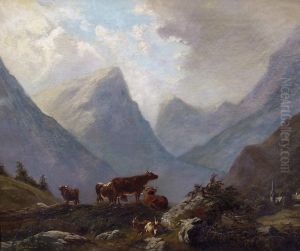 Weidende Kuhe Und Ziegen In Gebirgslandschaft by Johann Anton Castell