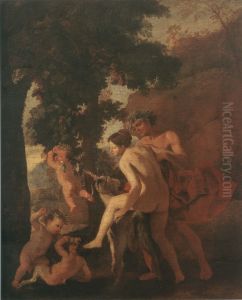 Nymphe chevauchant un boucouVenus, faune et putti by Nicolas Poussin
