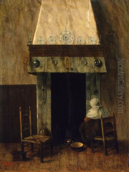 An Old Woman by a Fireplace - view 1