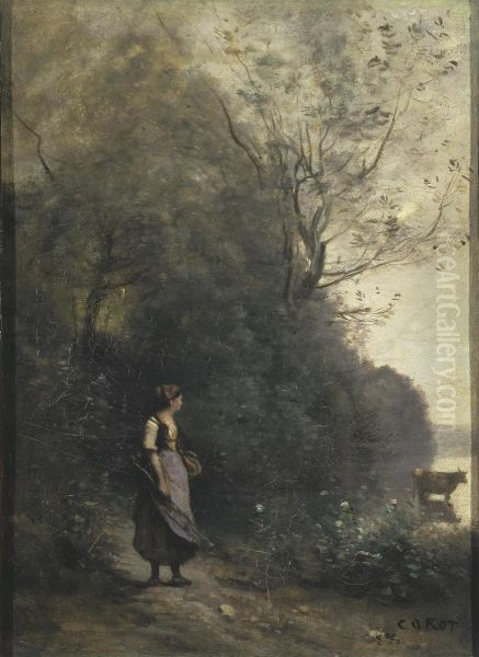 Peasant Girl Grazing a Cow at the a Forest - view 1