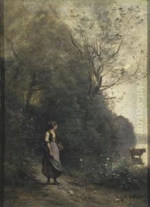 Peasant Girl Grazing a Cow at the a Forest by Jean-Baptiste Camille Corot
