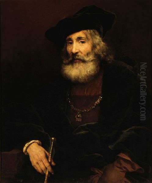 Seated old man with a cane in fanciful costume - view 1