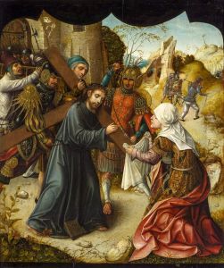 Bearing of the Cross with St. Veronica. by Lucas Van Leyden