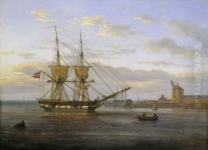 Entrance to the Port of Copenhagen with the Masting Sheer seen to the right. by Johan Wilhelm Ludwig Dahl