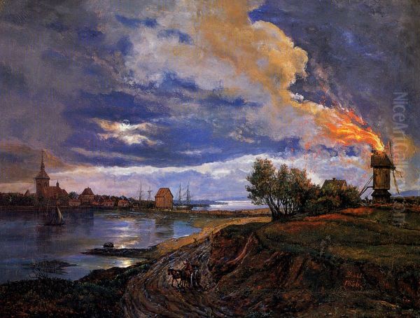 Burning Windmill at Stege - view 1