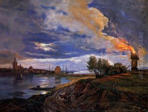 Burning Windmill at Stege by Johan Wilhelm Ludwig Dahl