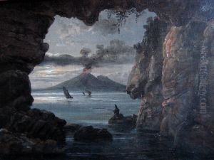 Bugten ved Napoli set fra en grotte by Johan Wilhelm Ludwig Dahl