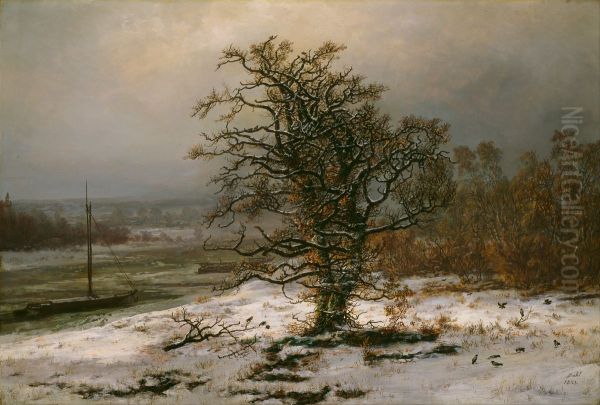 Oak Tree by the Elbe in Winter - view 1