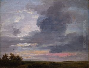 Studie av skyer over flatt landskap med treklynge by Johan Wilhelm Ludwig Dahl
