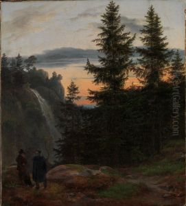 Two Men before a Waterfall at Sunset by Johan Wilhelm Ludwig Dahl