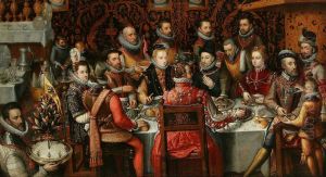 King Philip II of Spain banqueting with his family and courtiers (The Royal feast). by Alonso Sanchez Coello