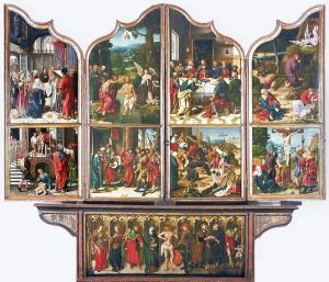 The Presentation in the Temple, Ecce Homo (left wing); The Baptism of Christ, The Last Supper, Christ before Pilate, The carrying of the Cross (centre); The Agony in the Garden, The Crucifixion (right wing); Man of Sorrows with saints (predella) by Joos Van Cleve