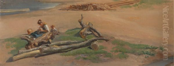 Woman and Child on a River Bank - view 1