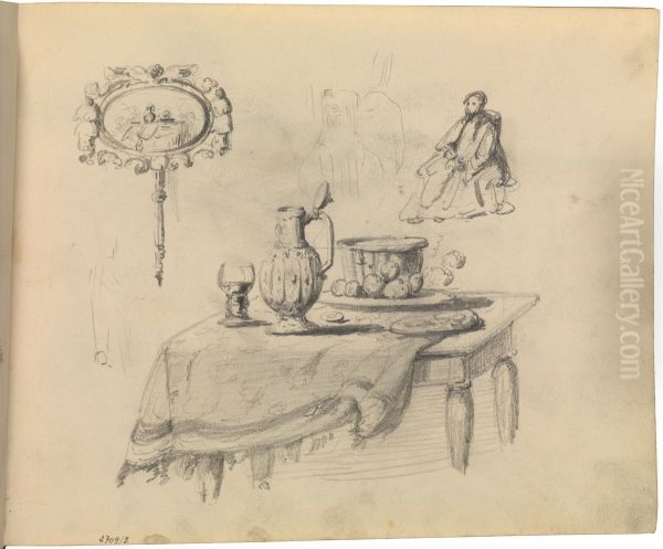 Stilleven, spiegel, zittende figuur - view 1