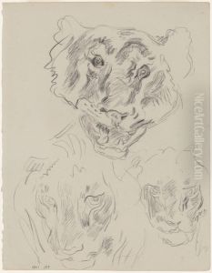 Drie koppen van wilde dieren by James Ensor