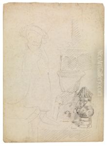 Geraamte dat zich wil verwarmen by James Ensor