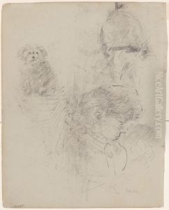 Breiende vrouw en hondje by James Ensor