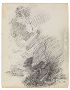 Schrijvende vrouw op rug gezien by James Ensor
