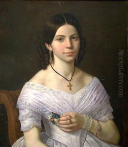 Elegantes Madchen Des Biedermeier Mit Blumengesteck. by Anton Louis Gottlob Castelli
