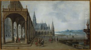 Fantastical architecture - palace courtyard with a Gothic church at the back