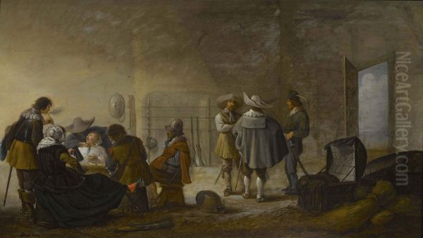 Company of soldiers and women smoking and drinking in a guardroom - view 1