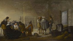 Company of soldiers and women smoking and drinking in a guardroom