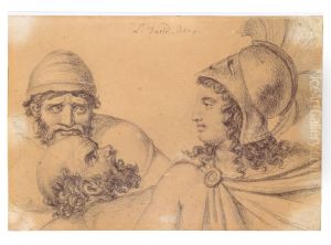 Helmeted Warrior with two bearded Men by Jacques-Louis David