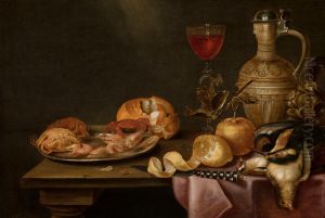 Still life with shrimps and crabs on a tin plate