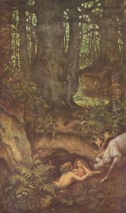 Nixen, einen Hirsch trankend by Moritz von Schwind