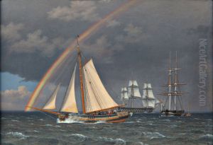 Rainbow at sea with some cruising ships