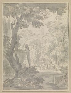Landschap met figuren, waaronder een tekenaar