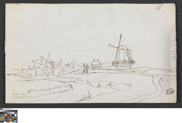 Landschap met twee windmolens - view 1