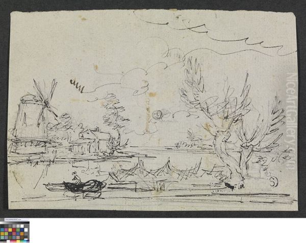 Landschap met windmolen en vissersboot - view 1