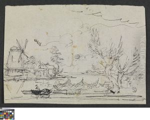 Landschap met windmolen en vissersboot by Pieter-Frans De Noter