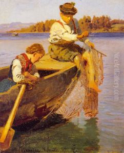 Children fishing by Hans Gude