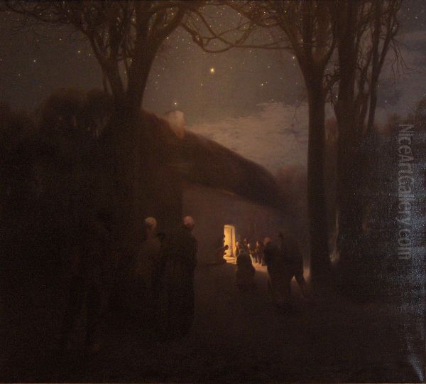 Nachtelijk landschap met kersttafereel in schuur - view 1