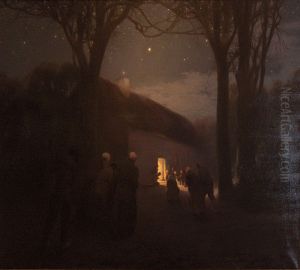 Nachtelijk landschap met kersttafereel in schuur Nachtelijk landschap met kersttafereel in schuur